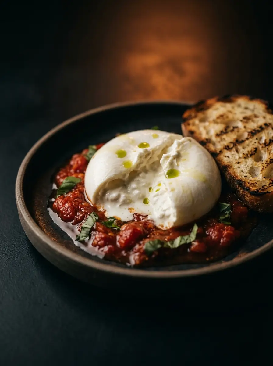 Burrata with tomatoes and grilled bread