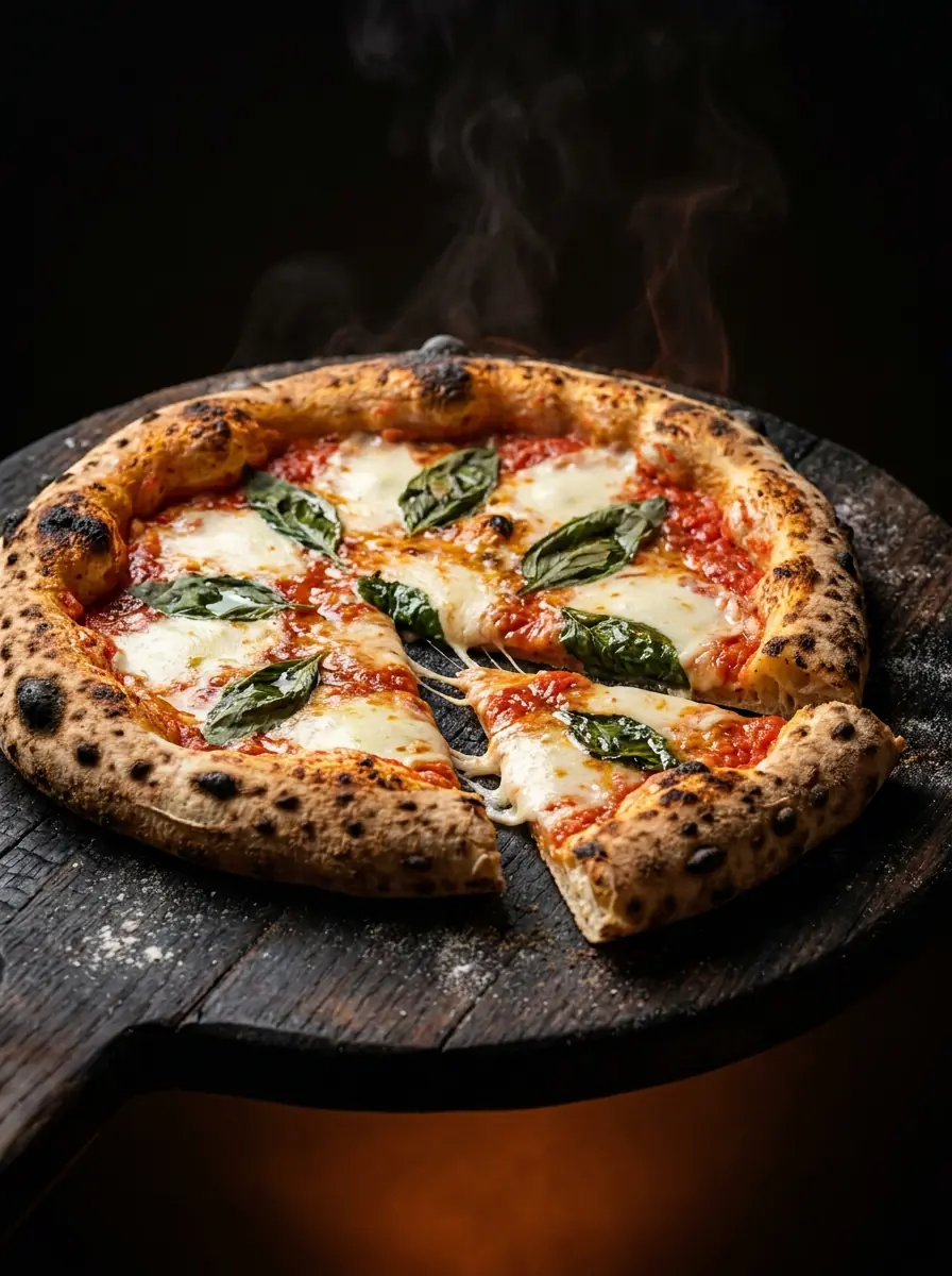 Margherita pizza with blistered crust and torn basil