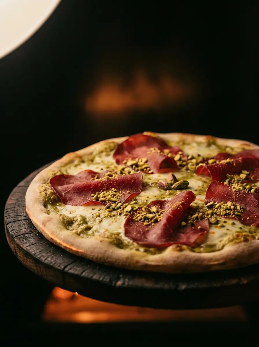 Pizza with mortadella and pistachio pesto