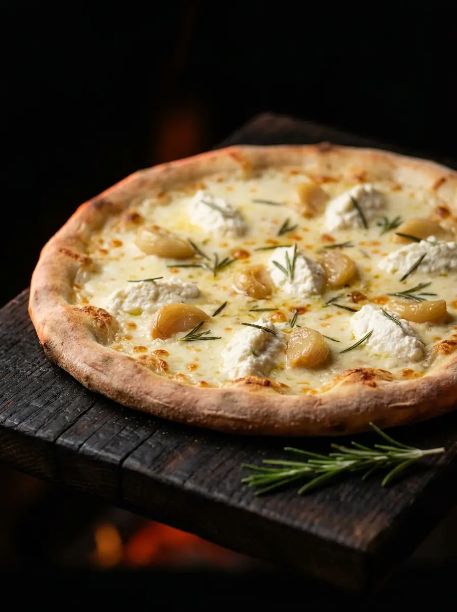 White pizza with thin potato slices and rosemary