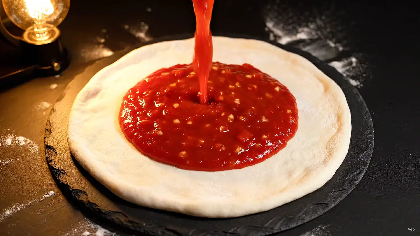 San Marzano sauce being poured onto stretched dough