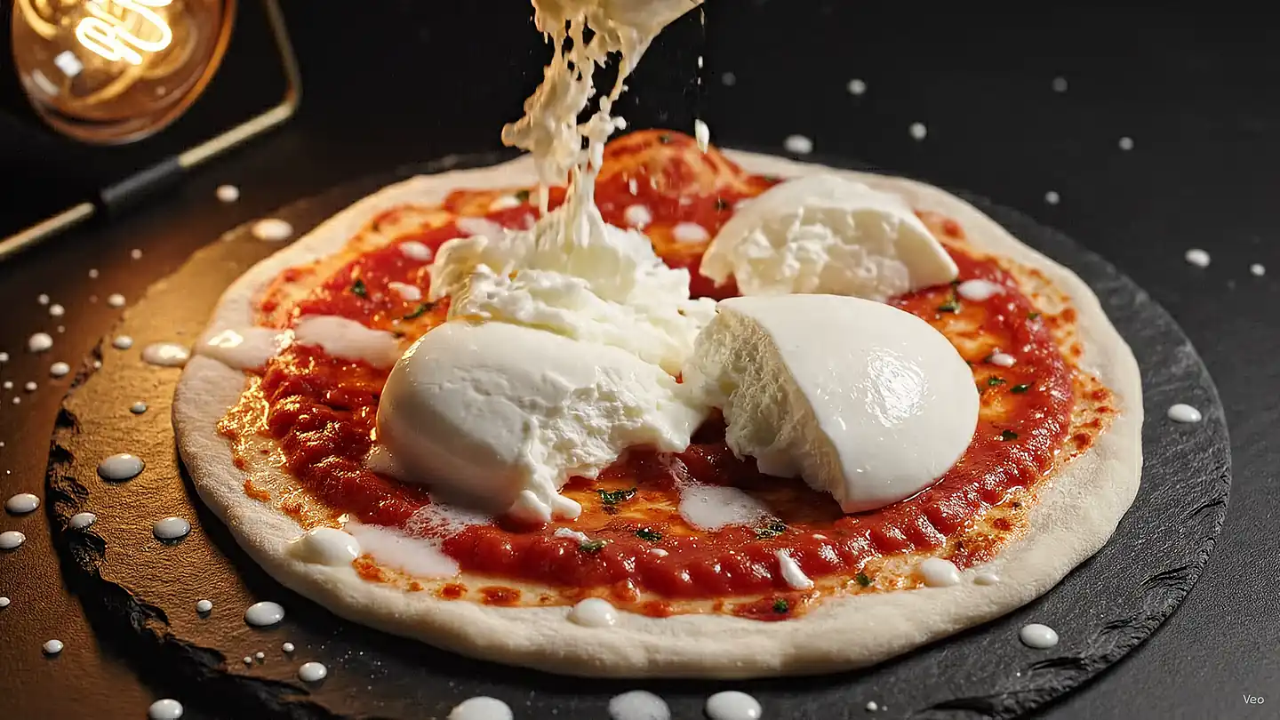 Fresh mozzarella being torn over a sauced pizza base