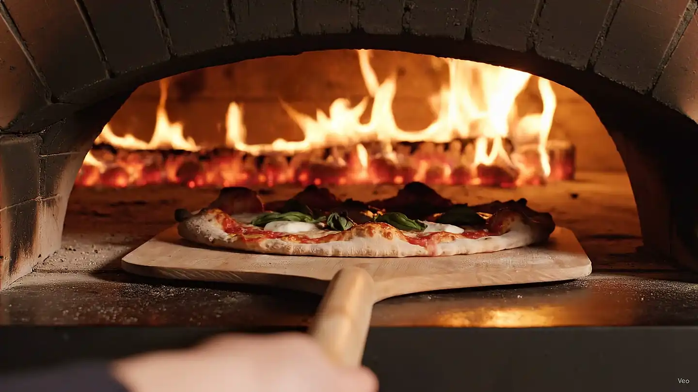 A pizza on a wooden peel entering the flaming wood oven